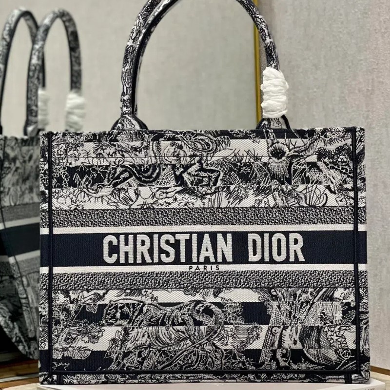 Dior 36cm Book Tote Navy Blue Toile de Jouy Stripes Embroider