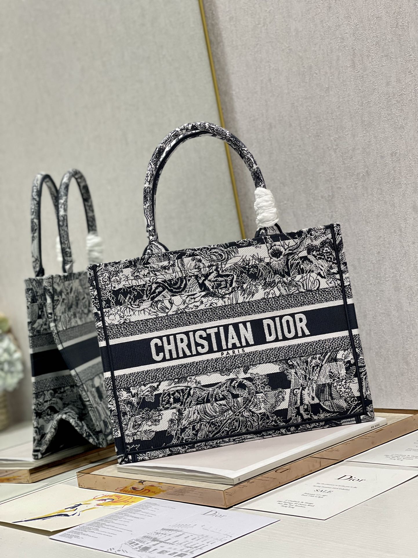 Dior 36cm Book Tote Navy Blue Toile de Jouy Stripes Embroider