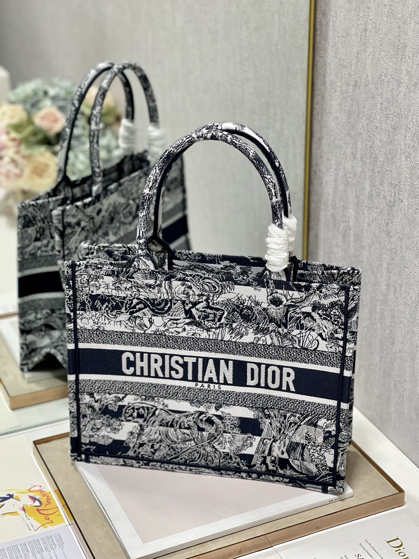 Dior 36cm Book Tote Navy Blue Toile de Jouy Stripes Embroider