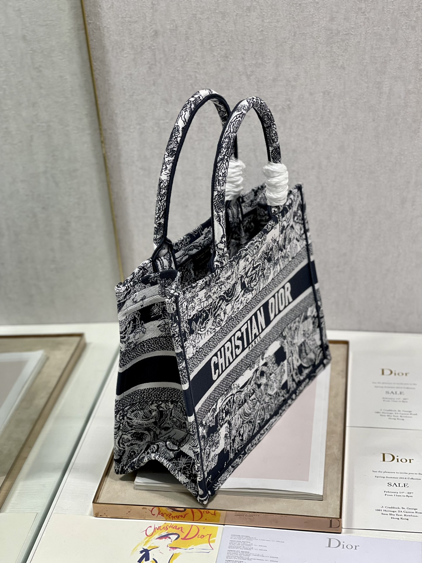 Dior 36cm Book Tote Navy Blue Toile de Jouy Stripes Embroider