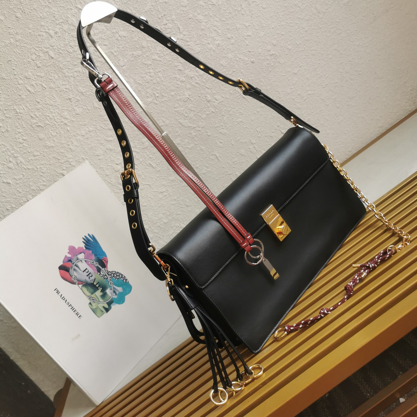 PRADA SOFT SOUND LARGE LEATHER SHOULDER BAG WITH CHARMS 1BD378 (35*19.5*10.5cm)