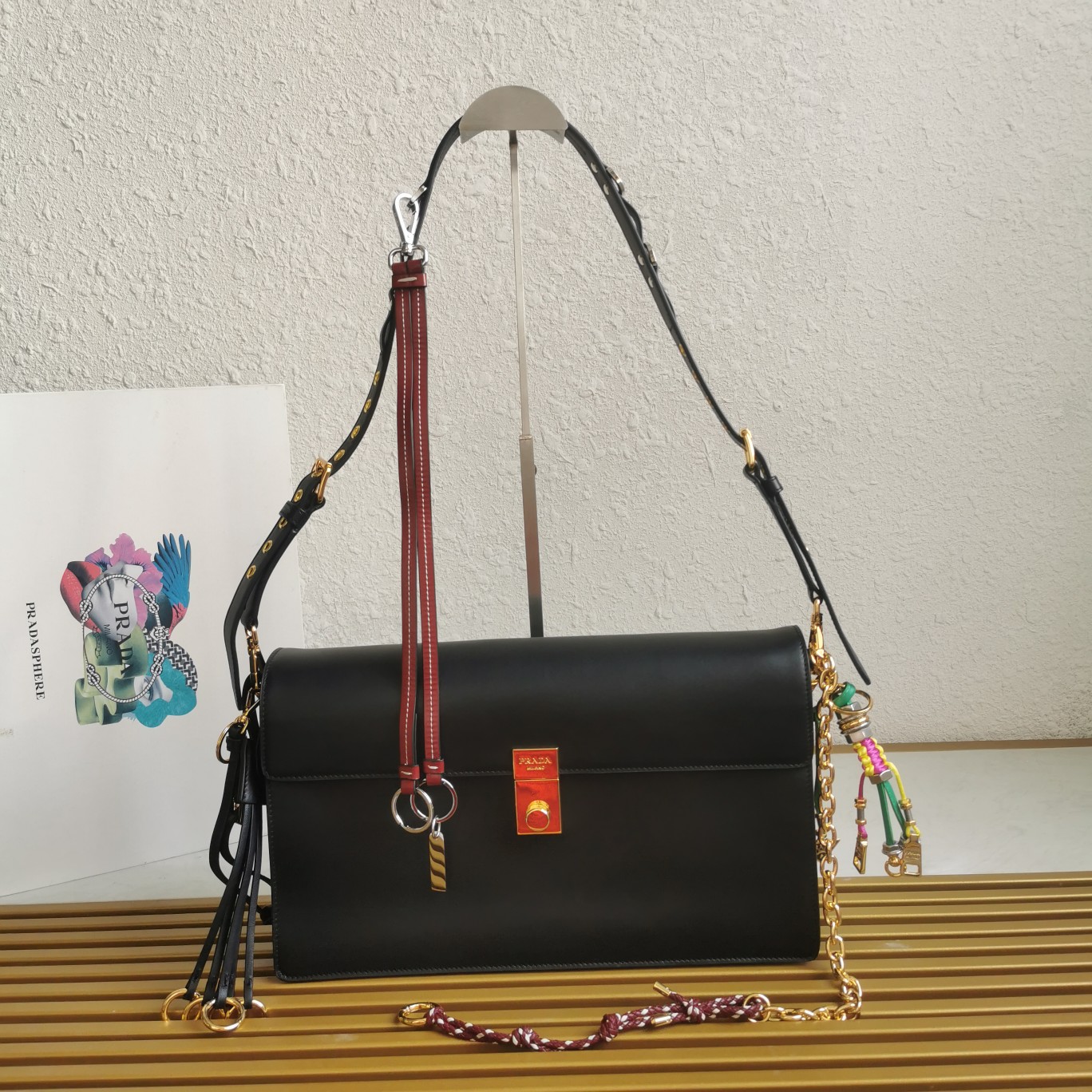 PRADA SOFT SOUND LARGE LEATHER SHOULDER BAG WITH CHARMS 1BD378 (35*19.5*10.5cm)