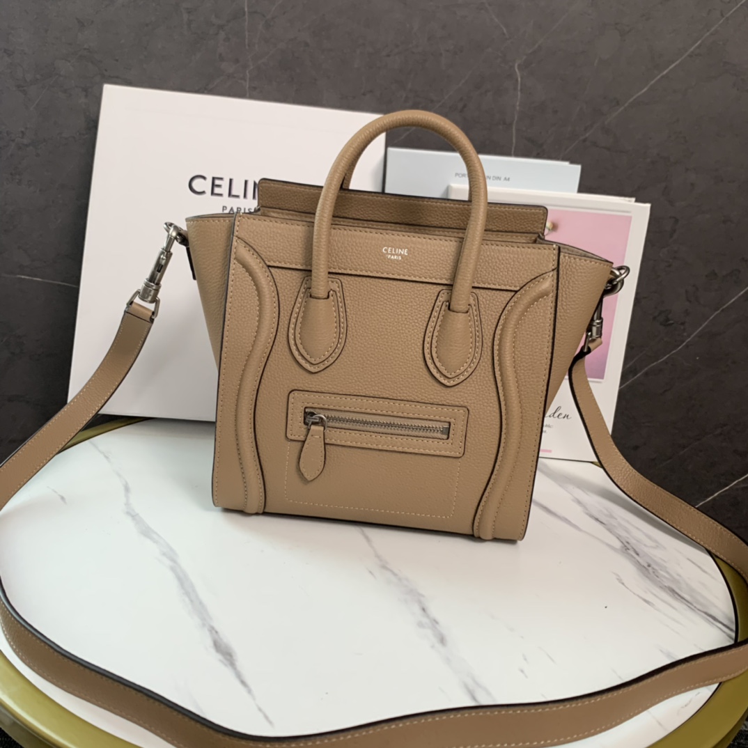 CELINE DRUMMED CALFSKIN NANO LUGGAGE DUNE 1403304 (20*20*10cm)