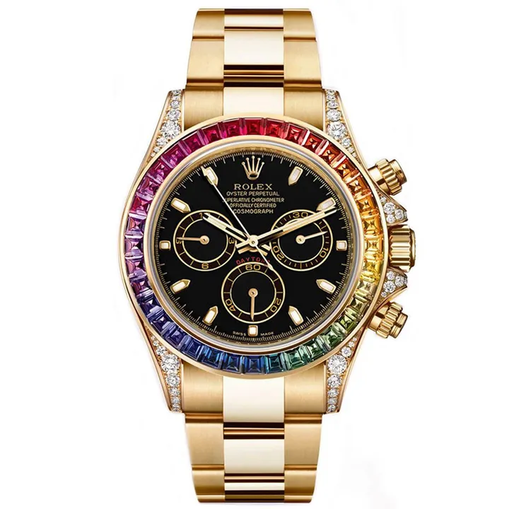 Rolex Daytona Rainbow, Black Dial, Diamond Bezel, Oyster Bracelet, Yellow Gold Watch 116598