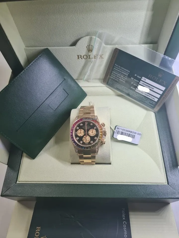 Rolex Daytona Rainbow, Black Dial, Diamond Bezel, Oyster Bracelet, Yellow Gold Watch 116598