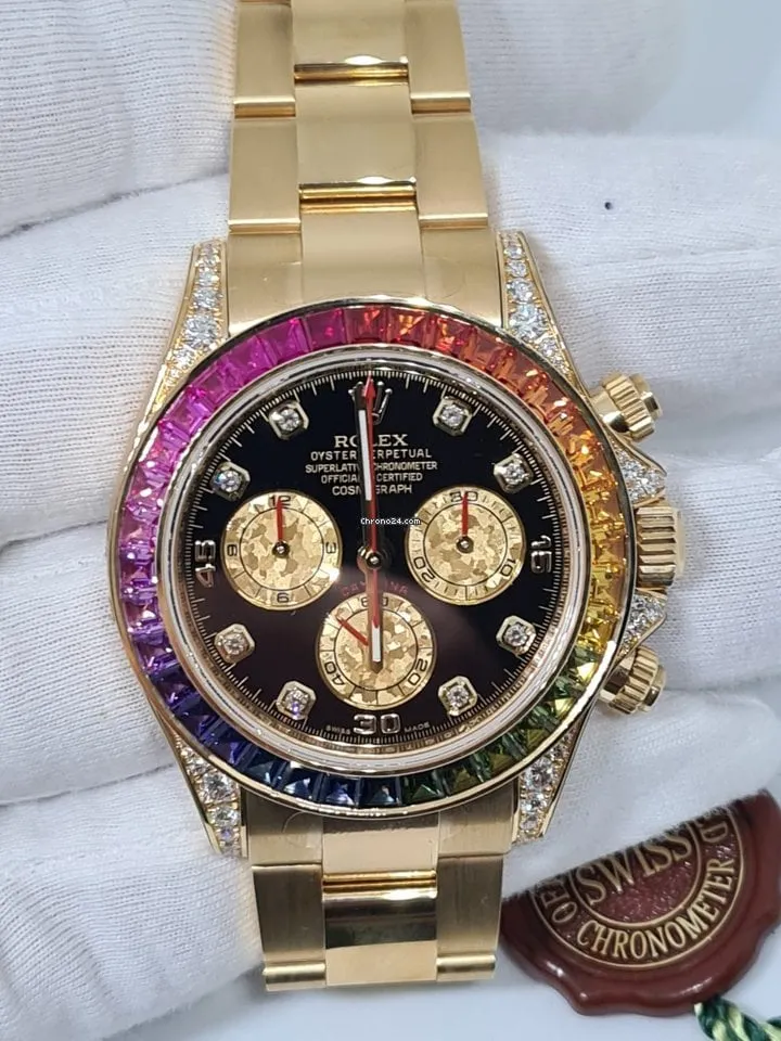 Rolex Daytona Rainbow, Black Dial, Diamond Bezel, Oyster Bracelet, Yellow Gold Watch 116598