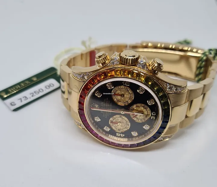 Rolex Daytona Rainbow, Black Dial, Diamond Bezel, Oyster Bracelet, Yellow Gold Watch 116598