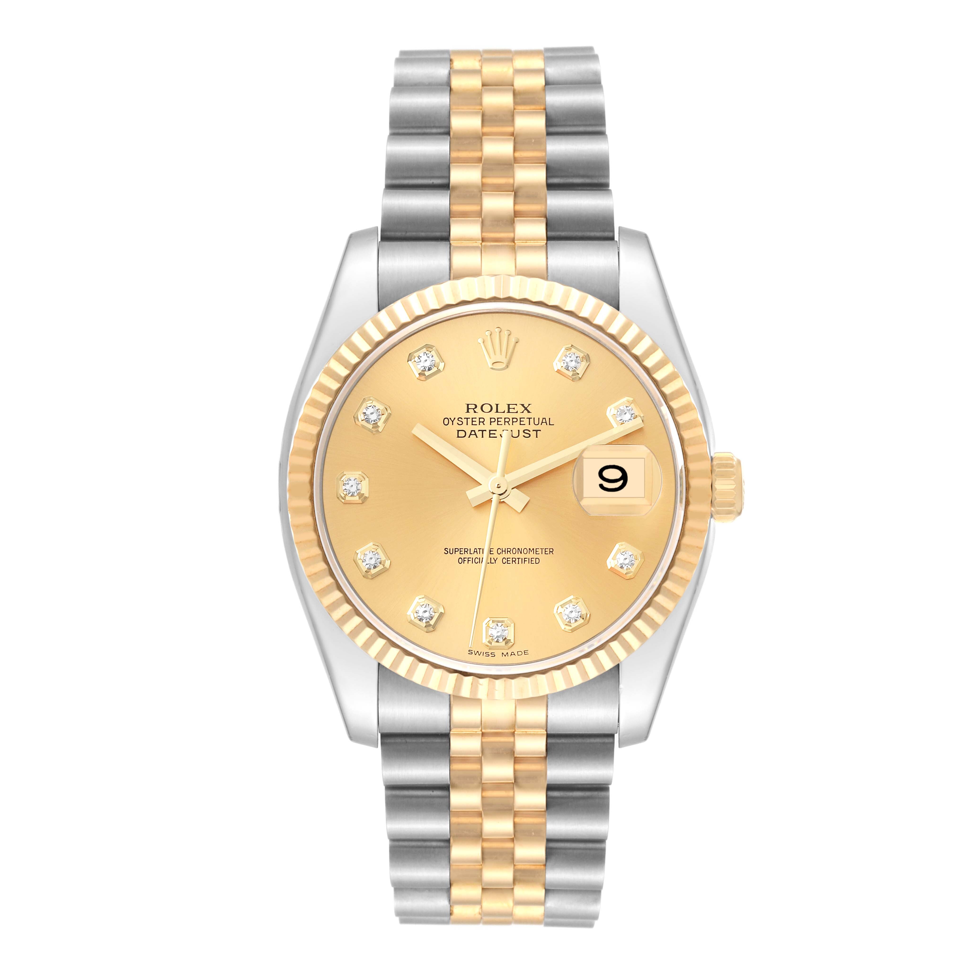 Rolex Datejust Steel Yellow Gold Champagne Diamond Dial Mens Watch 116233