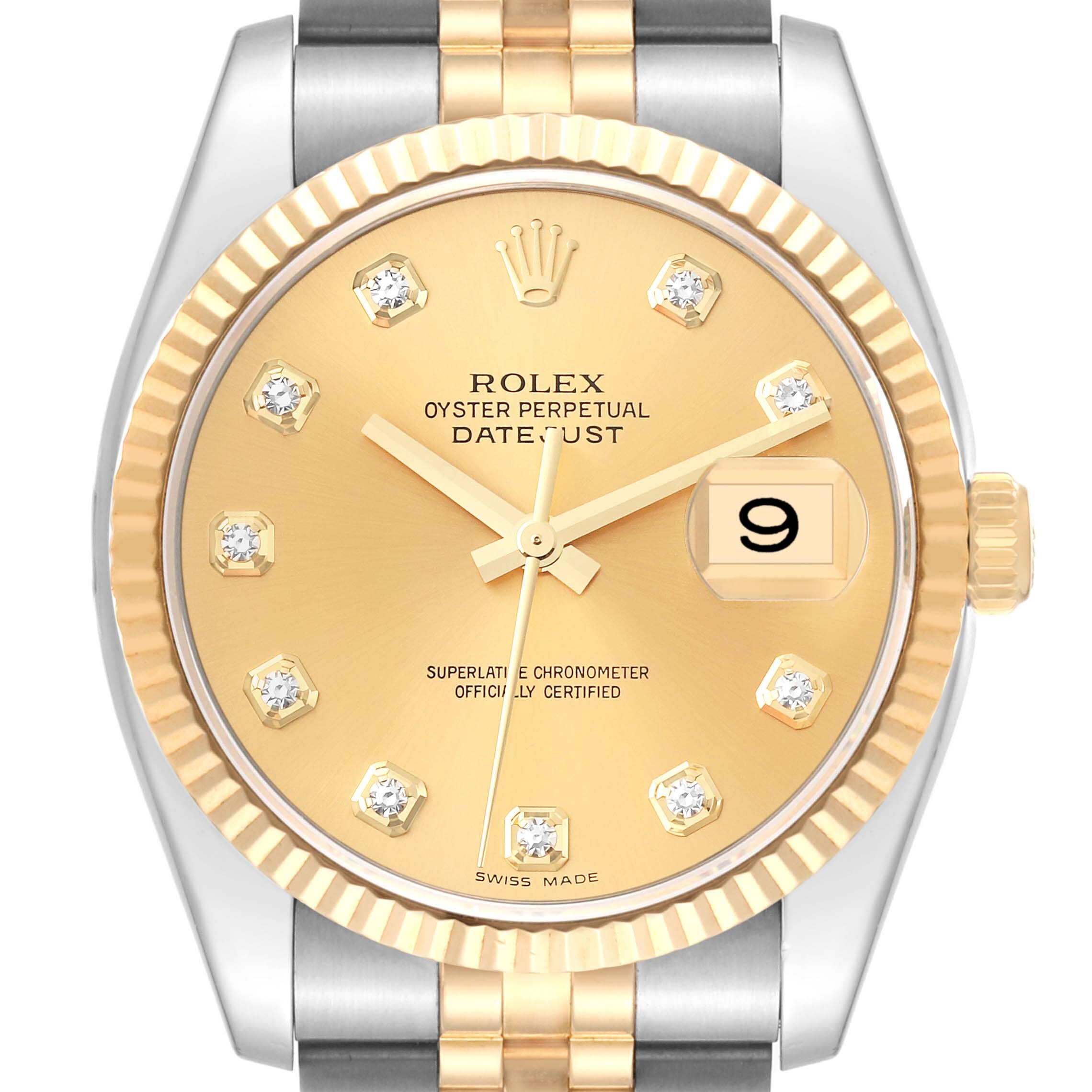 Rolex Datejust Steel Yellow Gold Champagne Diamond Dial Mens Watch 116233