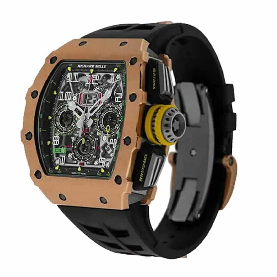 Richard Mille RM011 Black Dial 50mm Rose Gold Rubber Bracelet 